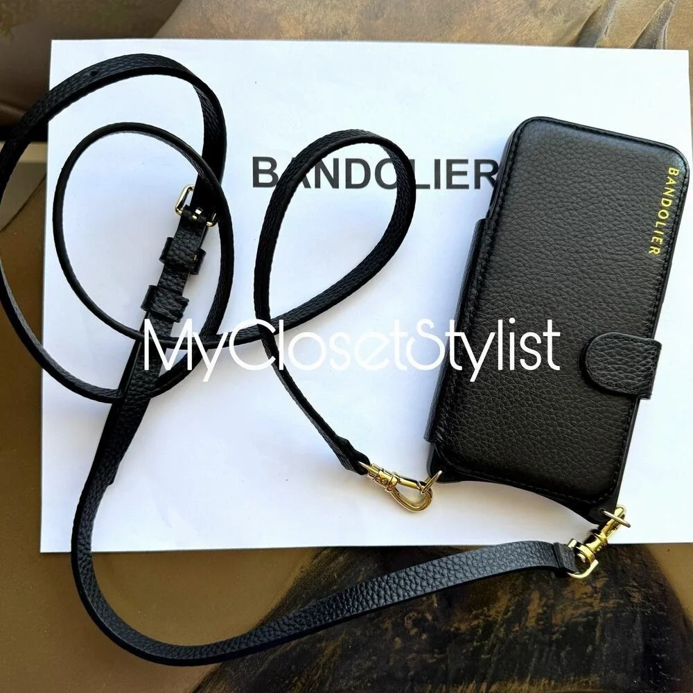 NEW Bandolier Black Leather FOLIO 12& Pro Gold iPhone Crossbody Purse CASE STRAP